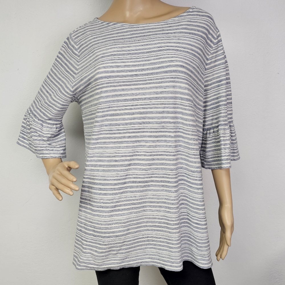 J. Jill Tunic Jersey Knit Blue Stripe Lace Trim Bell Sleeve Sz L Coastal Classic